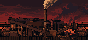 Zone 3: industrial ruins under a red sky, a smokestack still burning